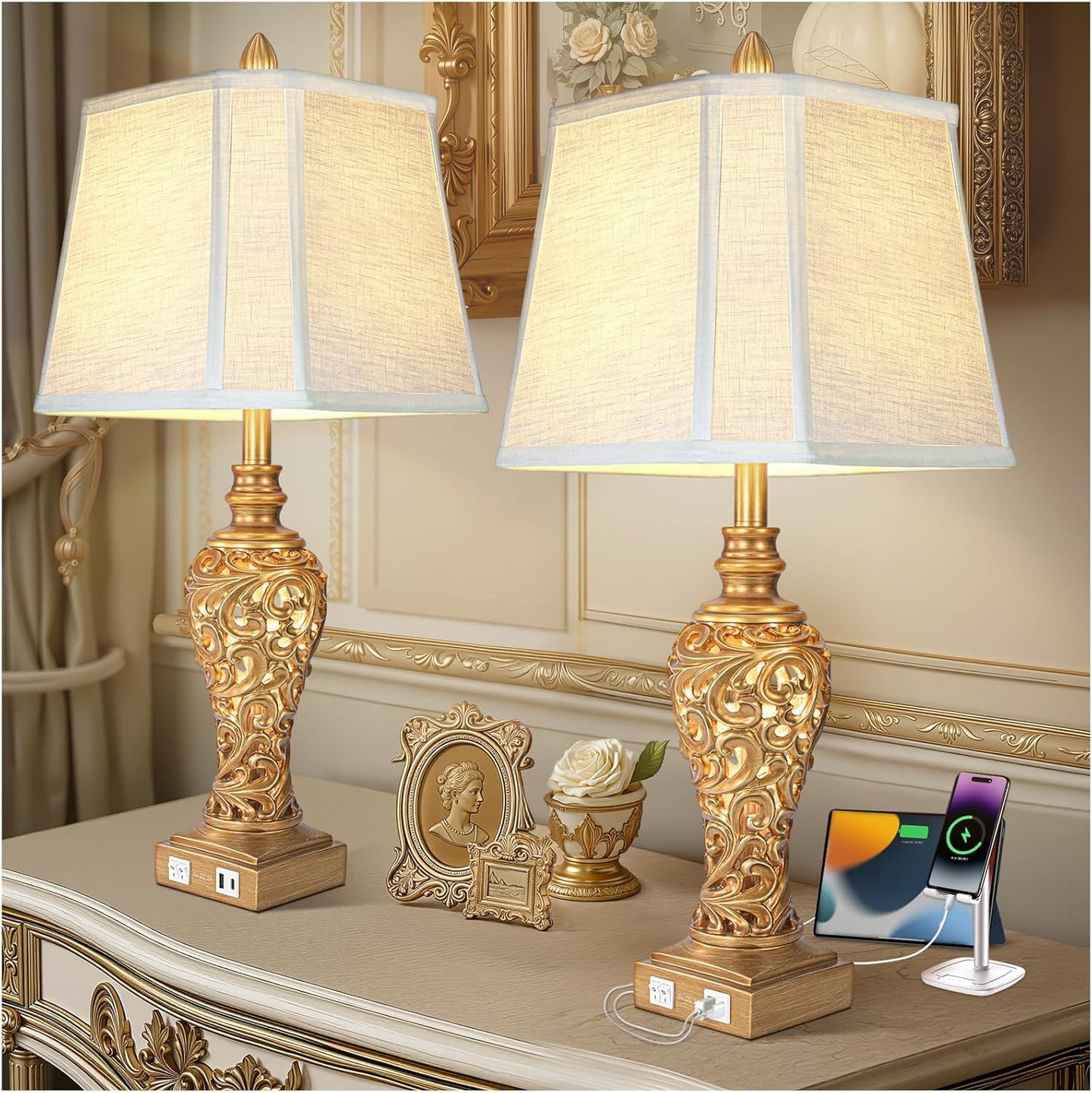 Vintage Table Lamps Set of 2 with USB Charging Ports for Home