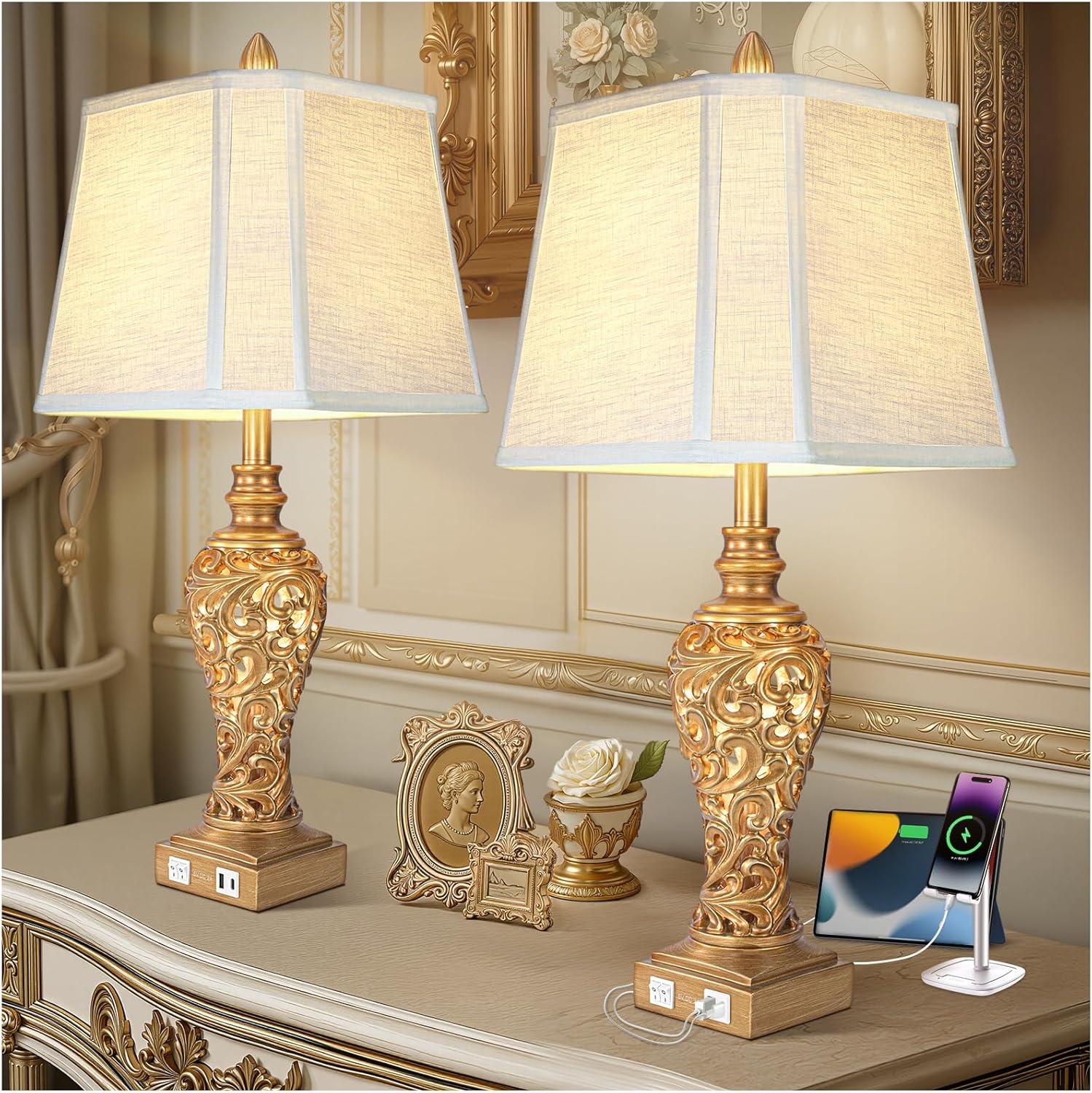 Vintage Table Lamps Set of 2 with USB Charging Ports for Home
