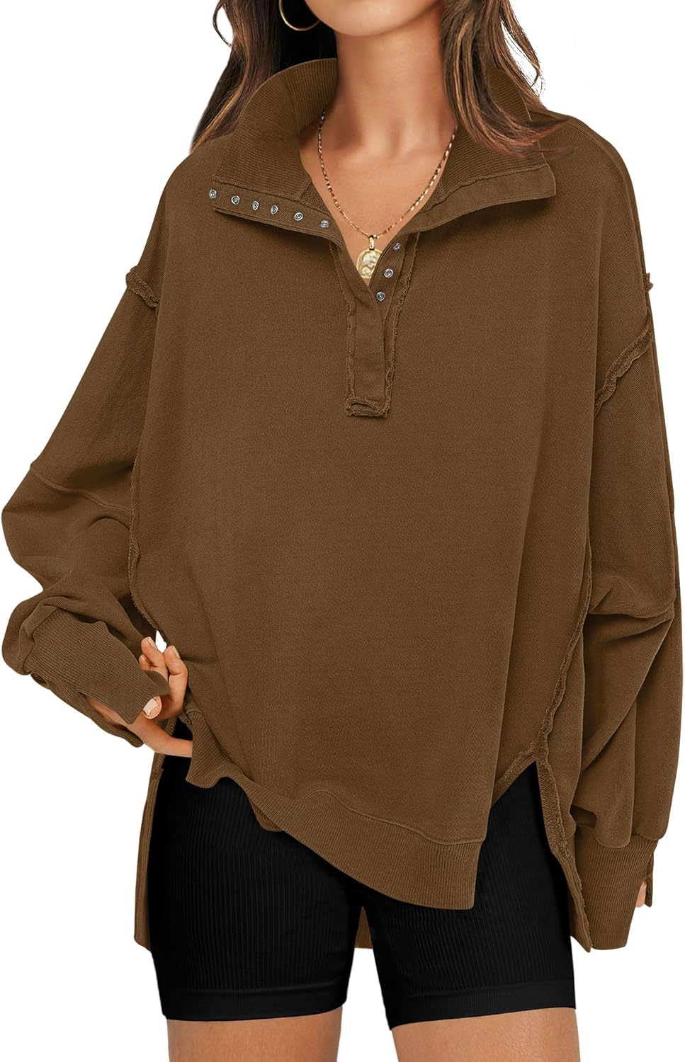 Oversized Sweatshirt for Women with Trendy Button Henley Neck
