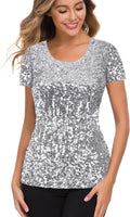 MANER Womens Full Sequin Tops Glitter Party Shirt Short (Style DVGW)