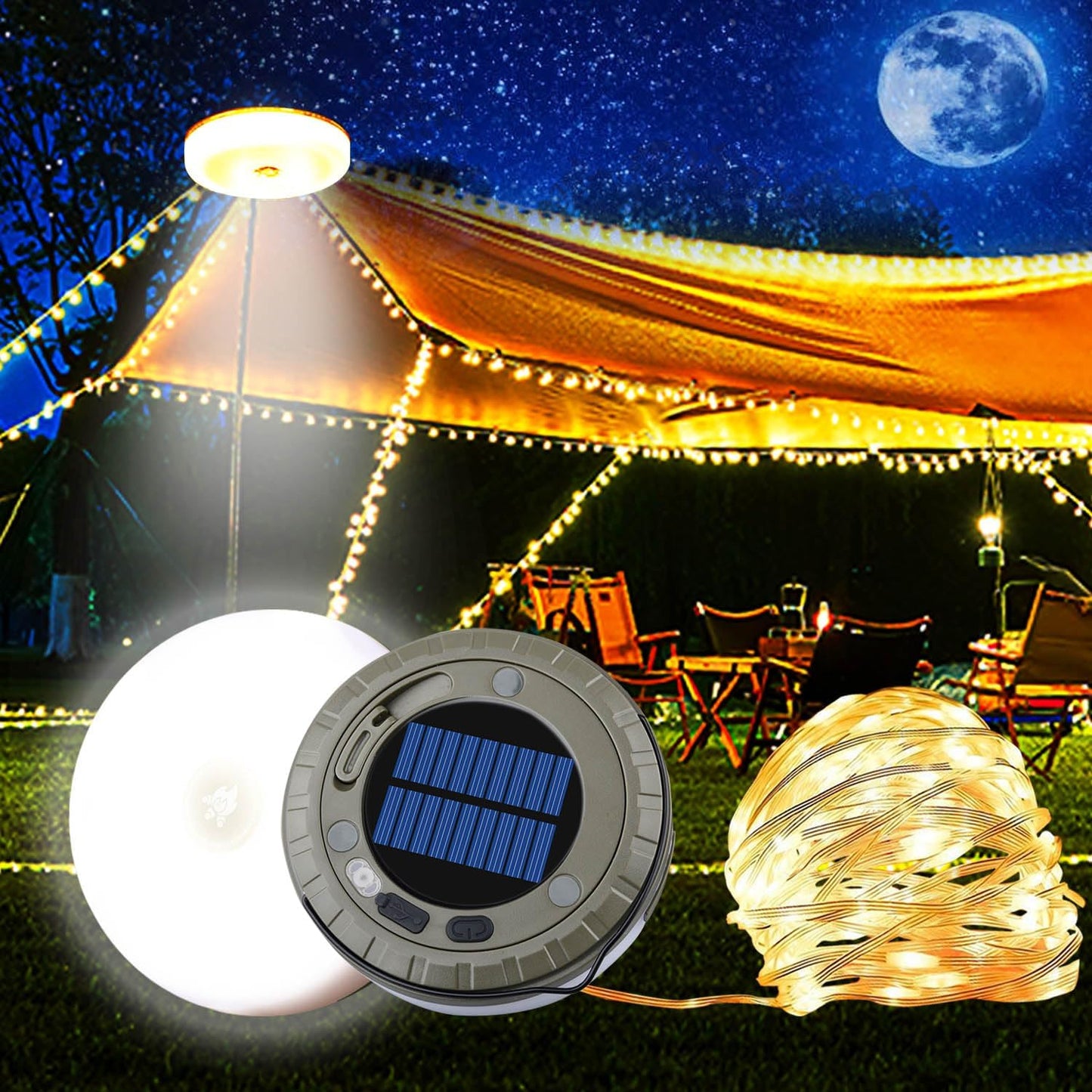 Portable Solar Camping Lights Reel - Rechargeable & Waterproof