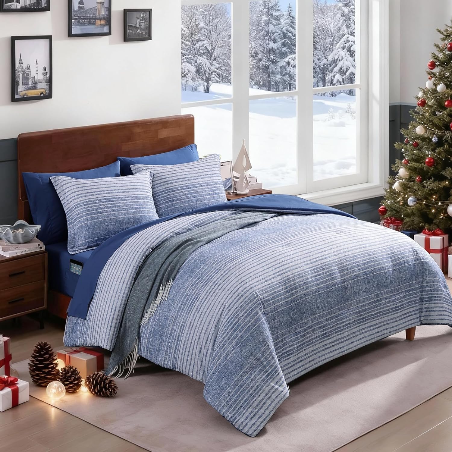 Twin XL Comforter Set Striped Ocean Blue Coastal Bedding 5 Pieces