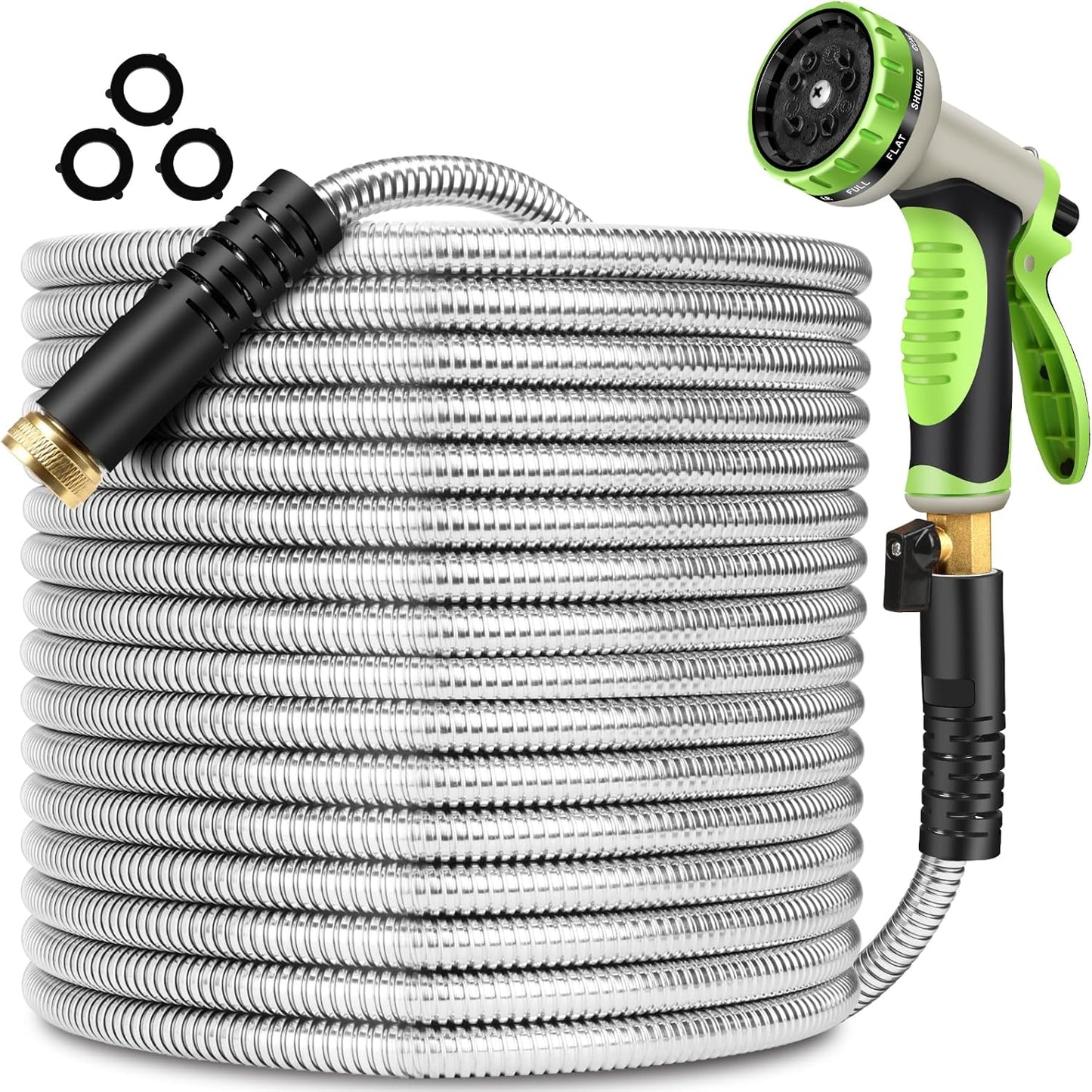 Metal Garden Hose 75 ft Heavy Duty with 10 Way Nozzle for Outdoors
