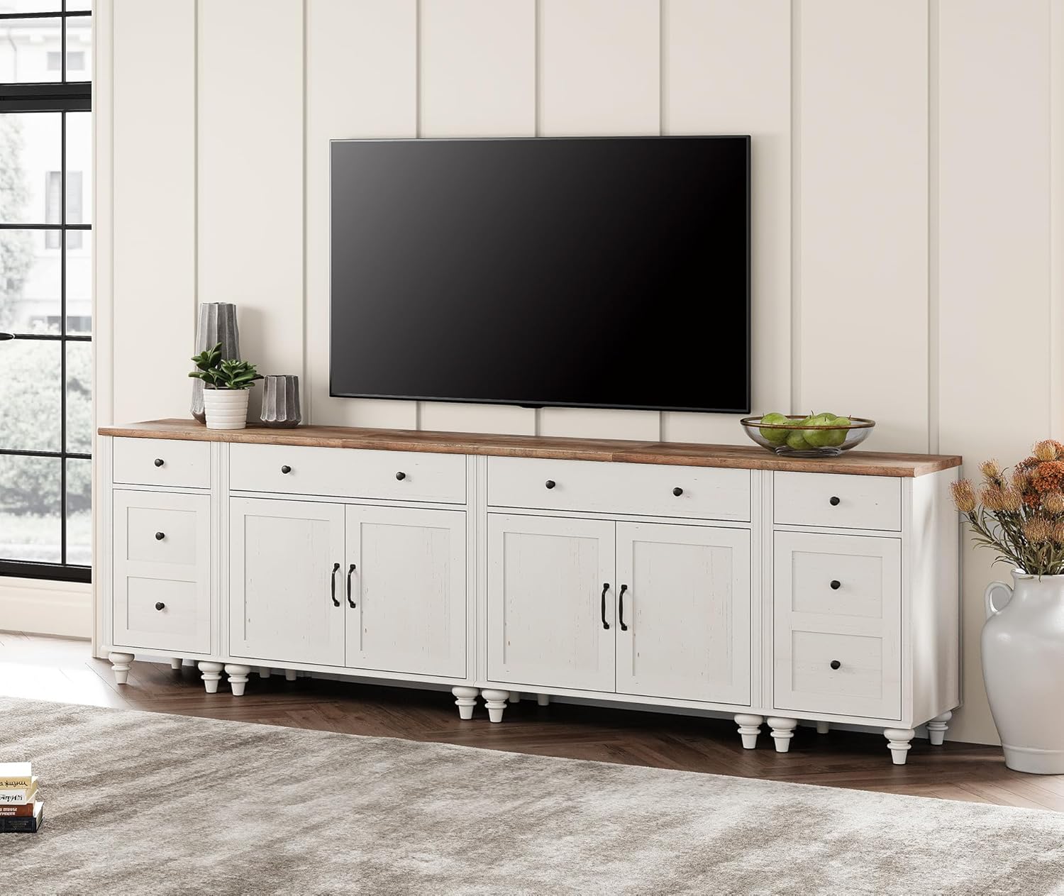 WAMPAT 4-in-1 Farmhouse TV Stand - Holds 100 TV, with Charging Station