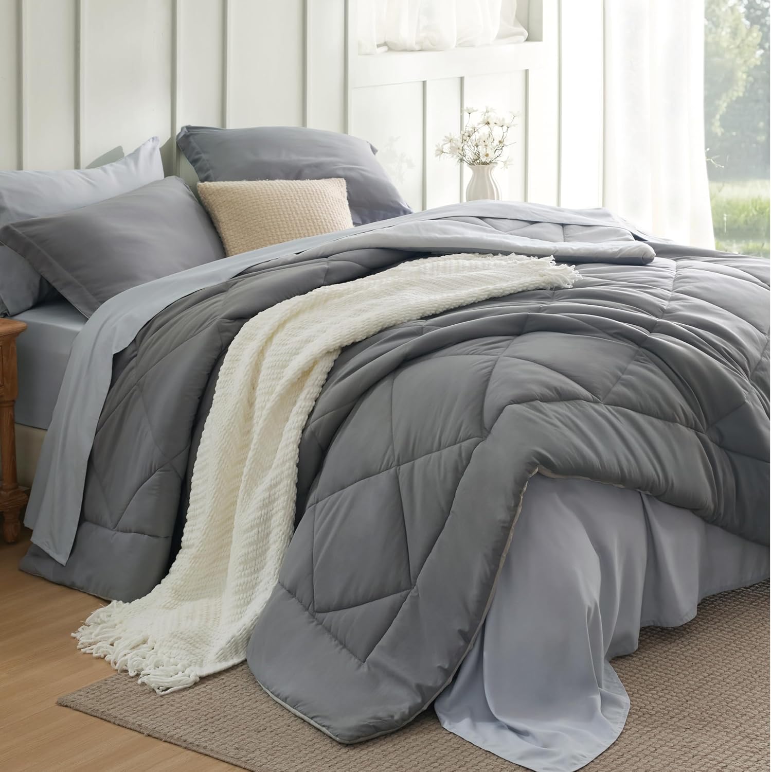 Bedsure Full Size Comforter Set - 7 Pieces Reversible Grey Bedding