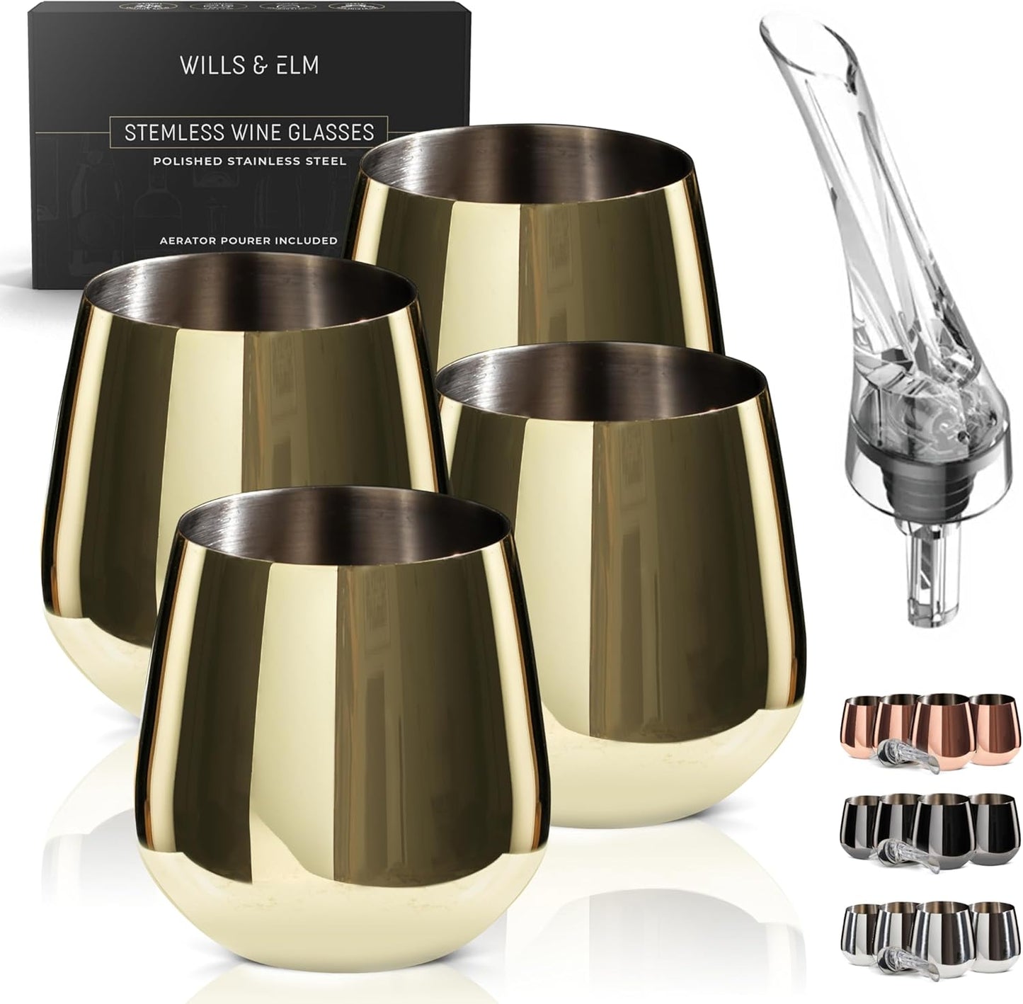 Gold Wine Glasses Set of 4 - Unbreakable Stemless Metal Goblets