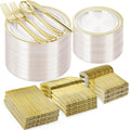 600PCS Clear Gold Plastic Plate Set for 100 Guests - Elegant