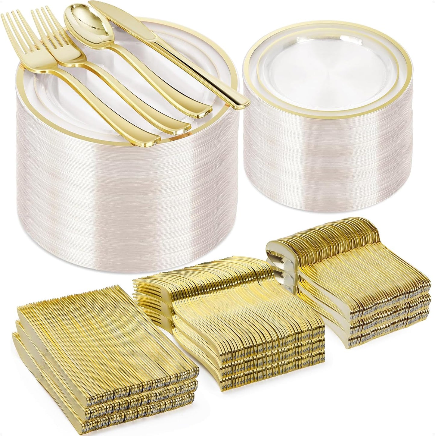 600PCS Clear Gold Plastic Plate Set for 100 Guests Party