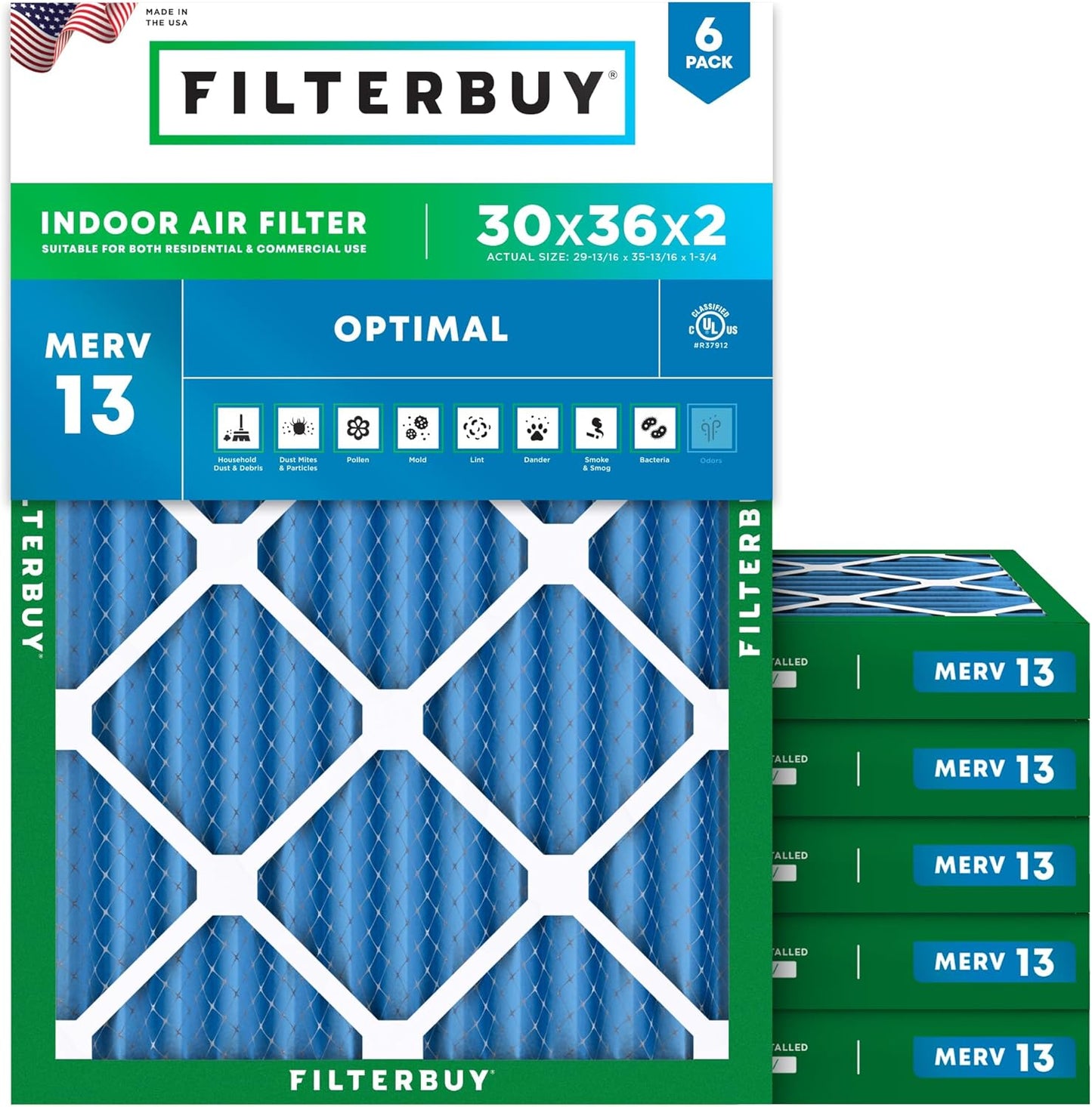Filterbuy 30x36x2 Air Filter MERV 13 for Health Defense