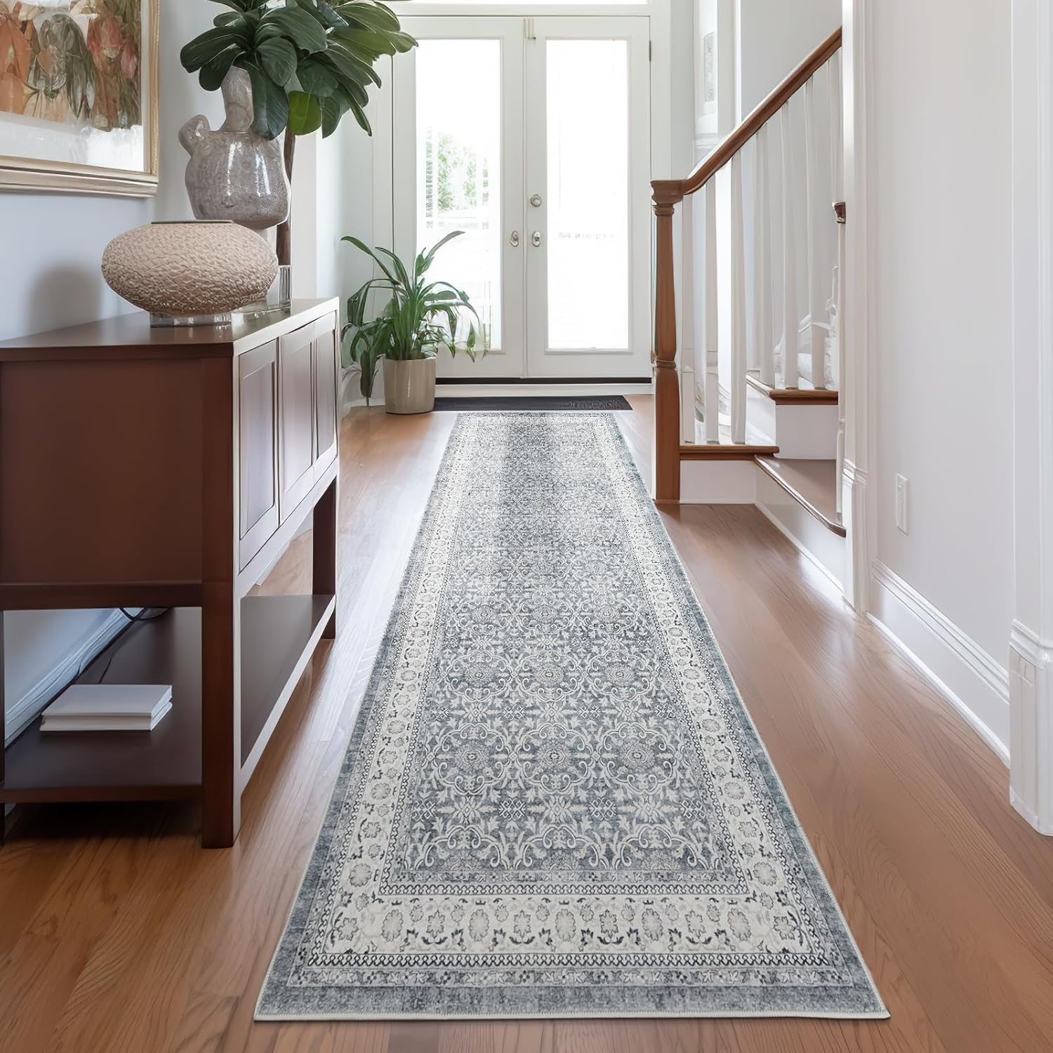 Grey Vintage Floral Distressed Design Hallway Runner Rug 3x7