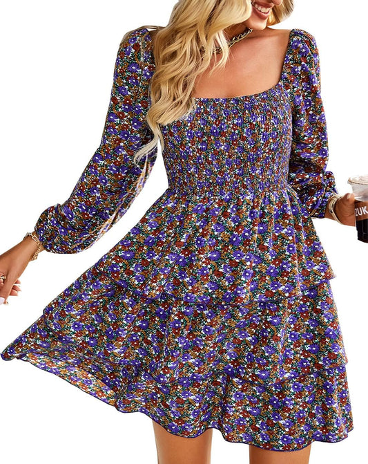 Womens Long Sleeve Dress with Square Neck and Floral Print