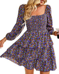 Womens Square Neck Smocked Floral Swiss Dot Mini Dress (Style T454)