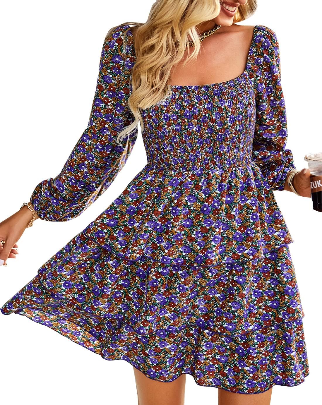 Womens Long Sleeve Dress Vacation Square Neck Smocked Floral Mini