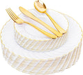 White and Gold Plastic Plates with Cutlery Set - Elegant Disposable