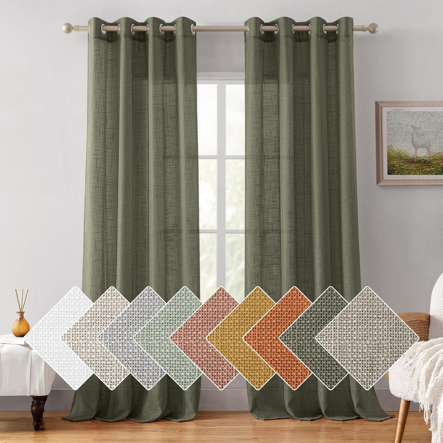 Olive Green Linen Sheer Curtains for Farmhouse Style Windows