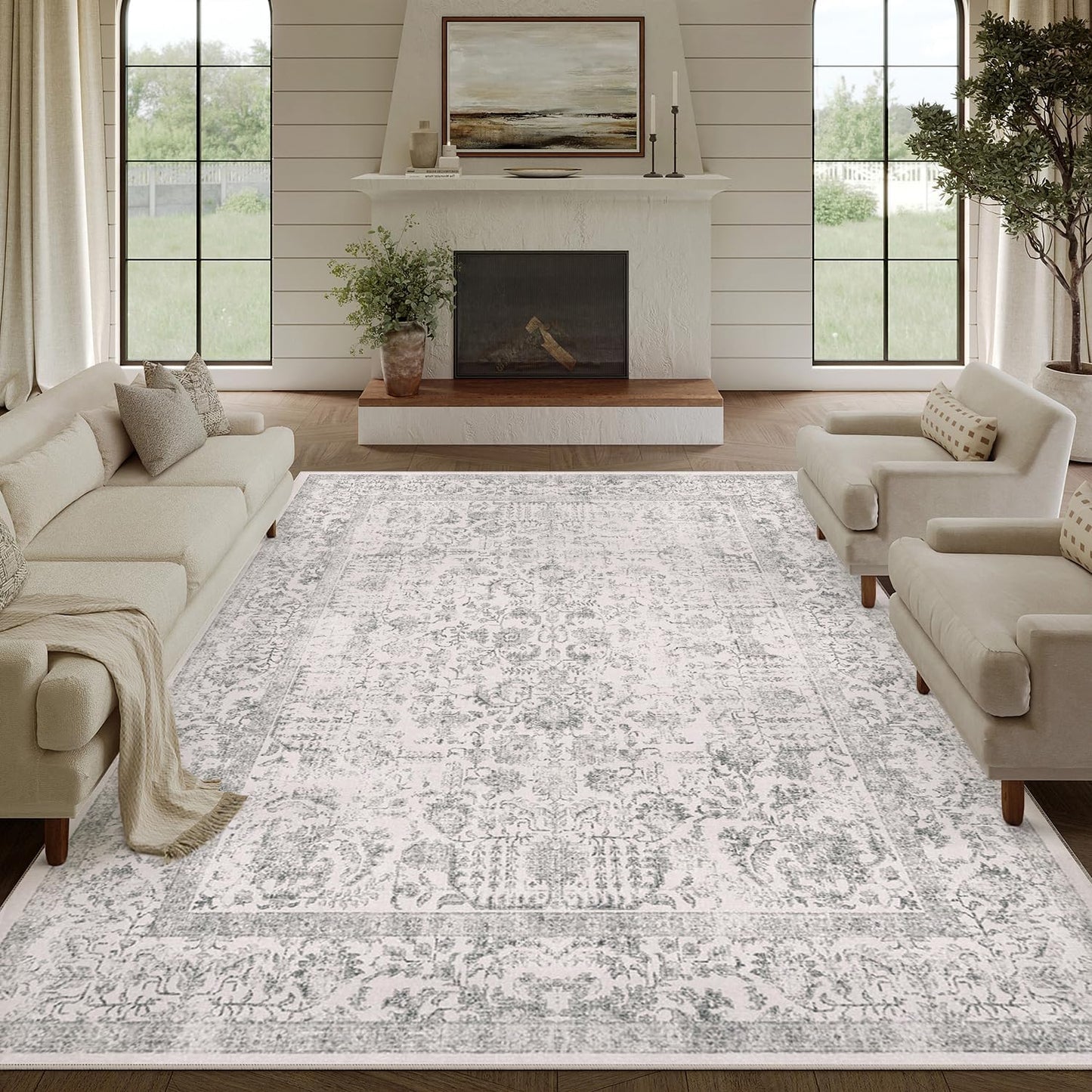 Gray Area Rug 8x10 Machine Washable Vintage Living Room Carpet