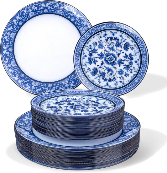 Hioasis 60pcs Blue Plastic Plates Set for Elegant Gatherings