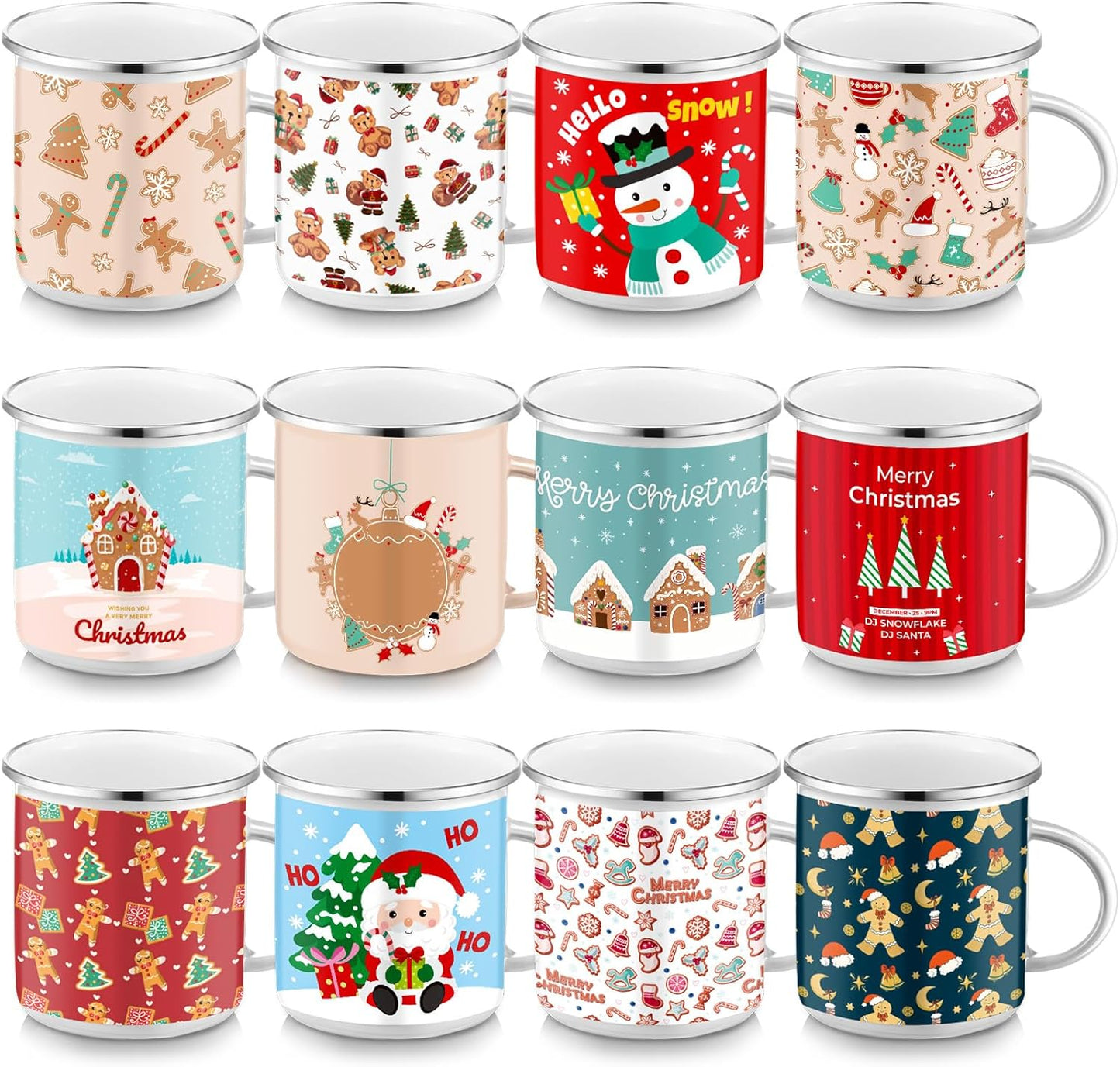 Sliner 12 Pcs Christmas Enamel Mugs for Holiday Cheer