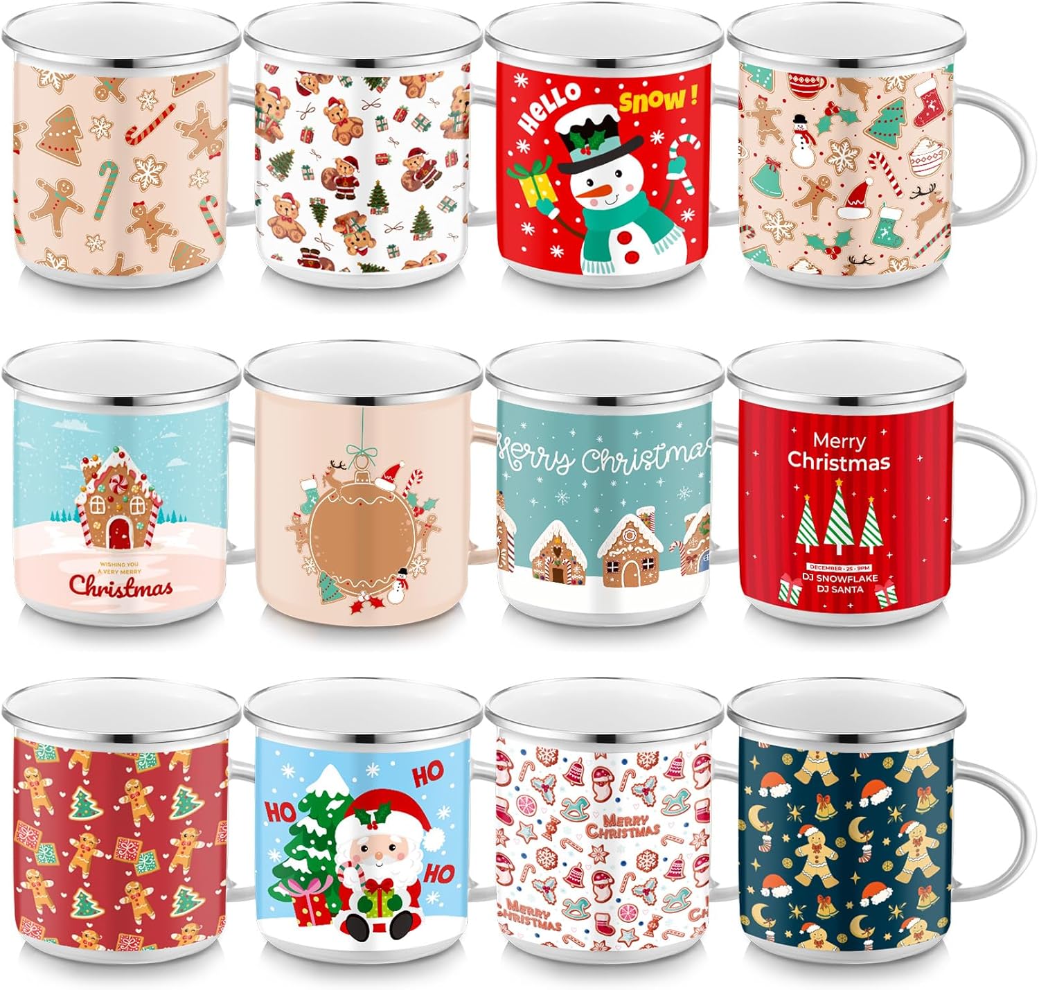 Sliner 12 Pcs Christmas Enamel Mugs for Holiday Cheer