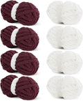 Chunky Chenille Yarn 8 Pack - Super Bulky, Soft 4 Cream & 4 Wine Red