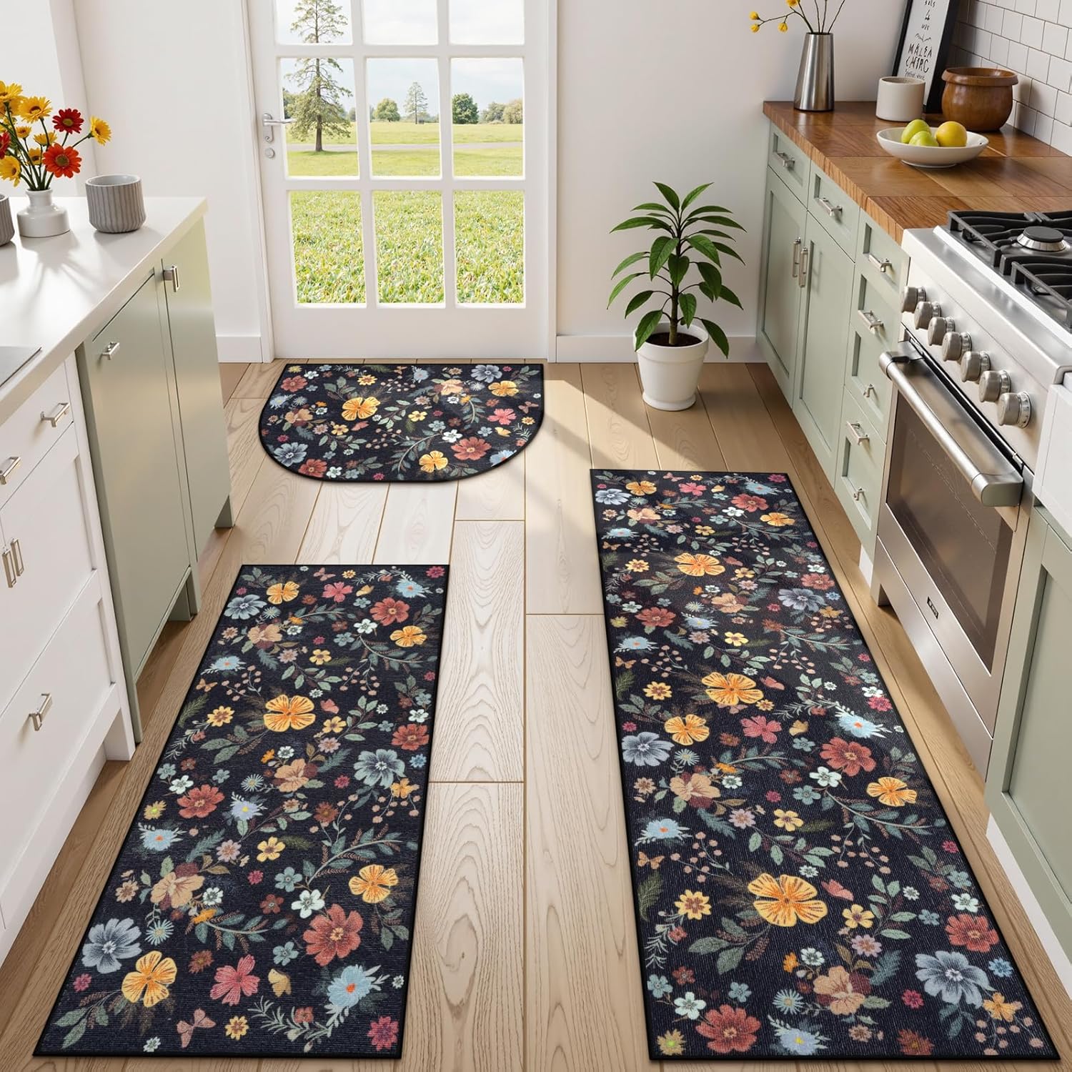 KIMODE Kitchen Rugs Sets of 3, Non Slip Washable Mats for Floor