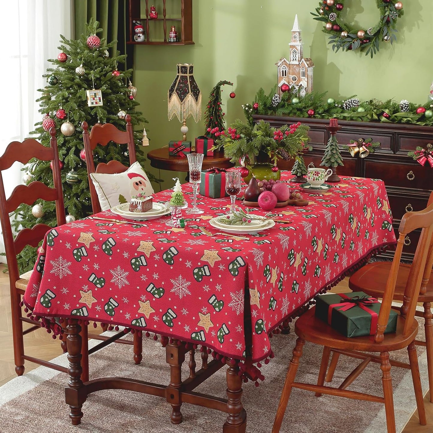 Festive Christmas Tablecloth 55x102in with Pom Pom Fringe