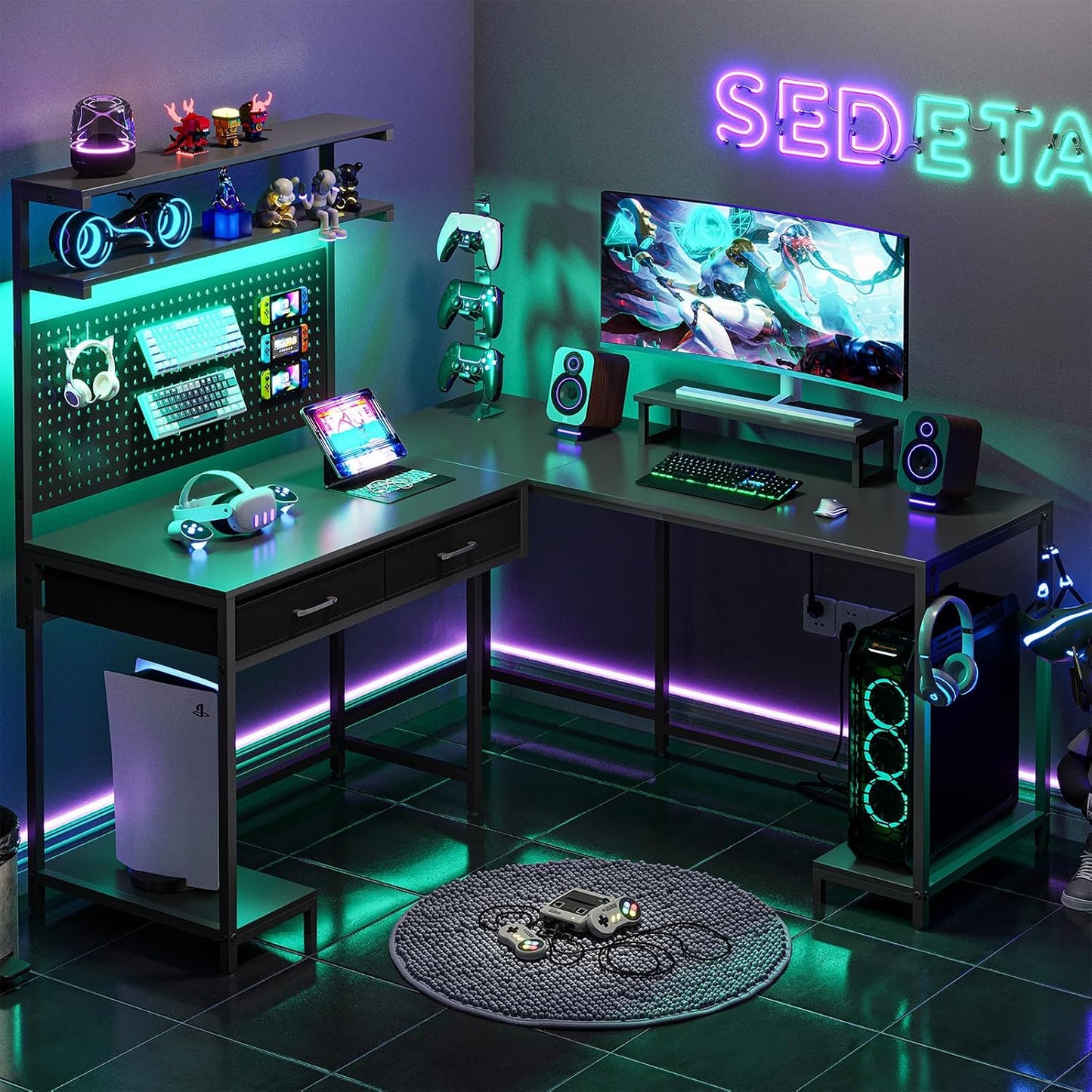 SEDETA LED Gaming Desk Maximizes Storage & Efficiency