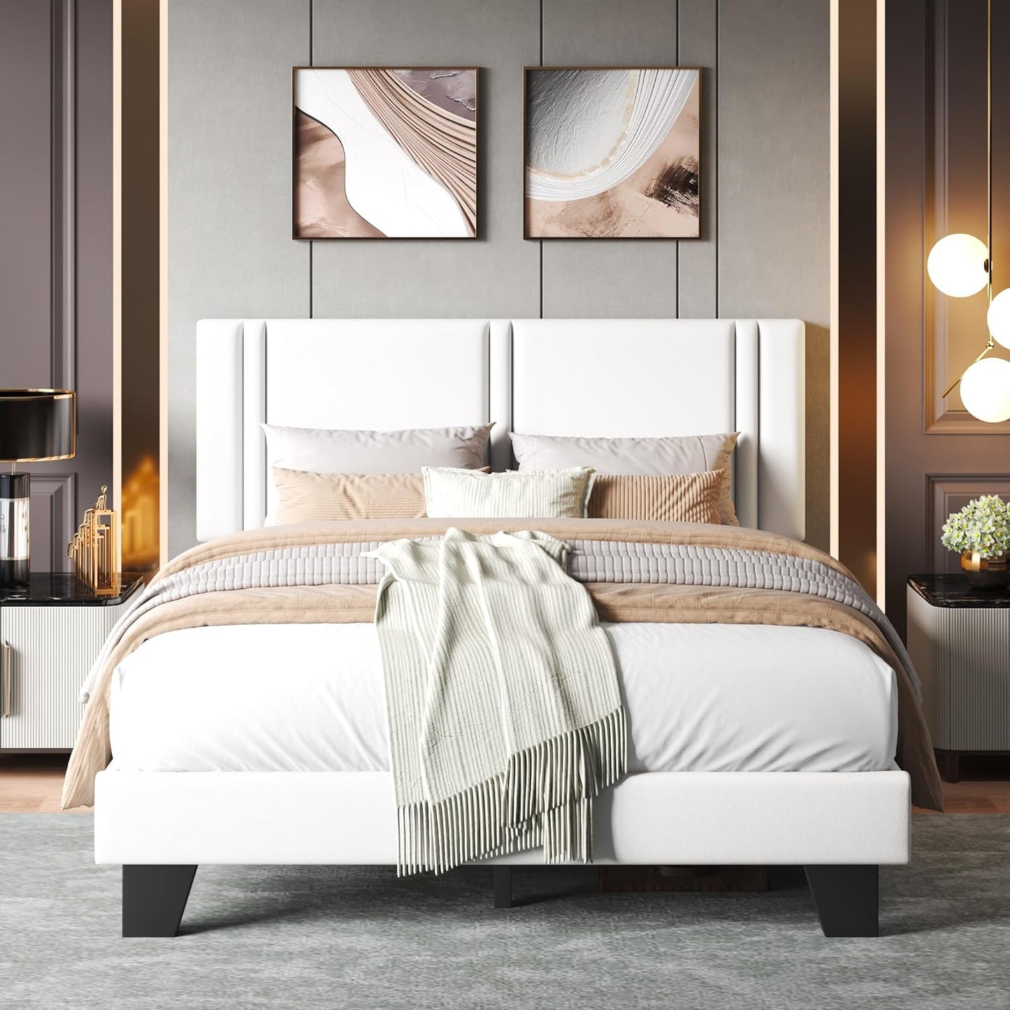 Upholstered Full Size Bed Frame with Velvet Fabric Headboard