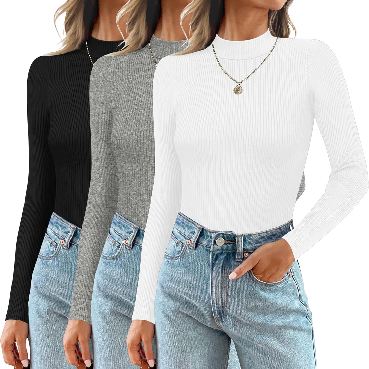 Ekouaer 3 Pack Mock Turtlenecks for Women Long Sleeve Tops
