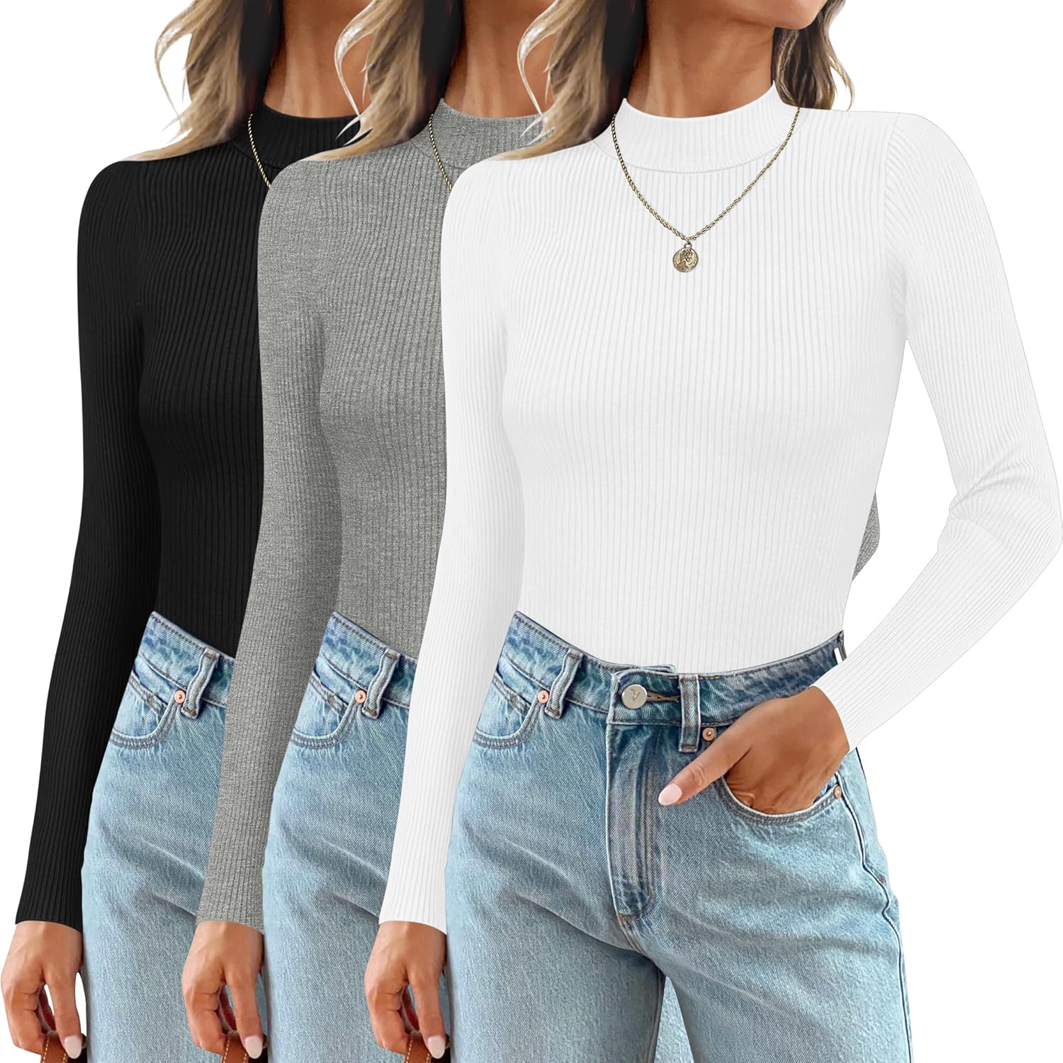 Ekouaer 3 Pack Mock Turtlenecks for Women Long Sleeve Tops