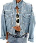 Omoone Women's Rivet Studded Denim Jacket - Casual Pearl Trucker