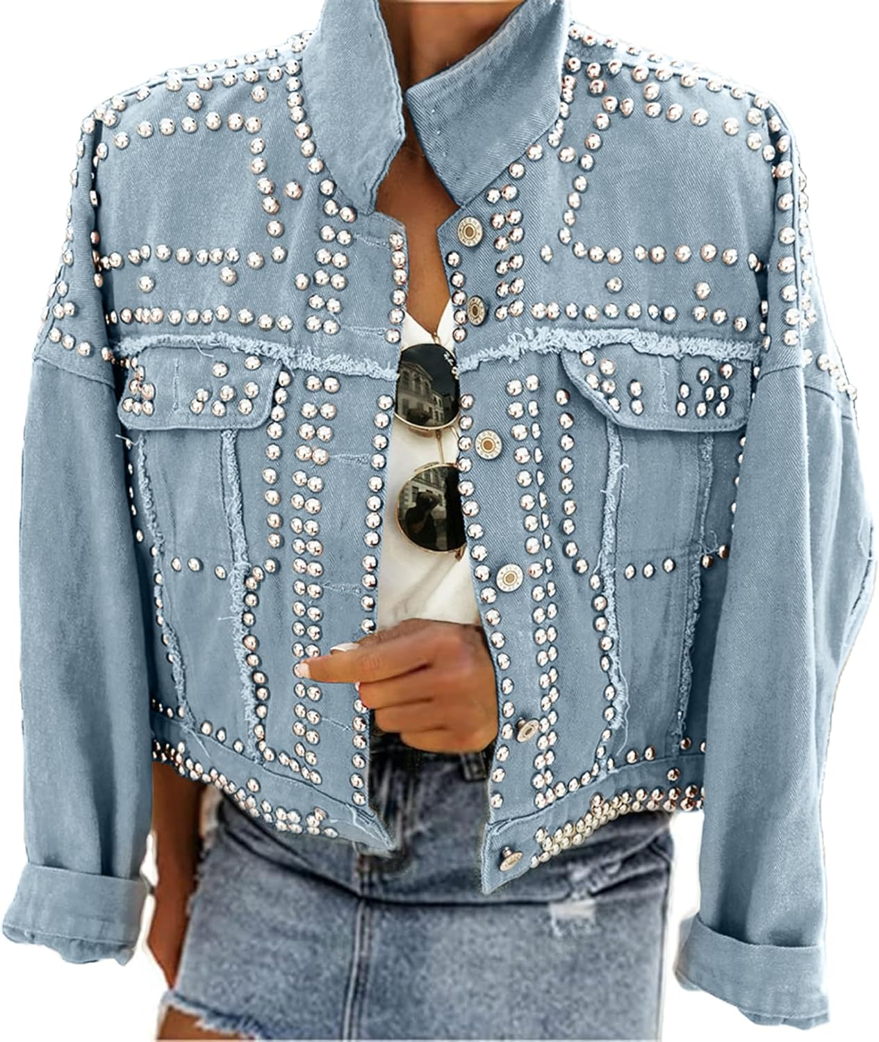 Trendy Women's Rivet Studded Denim Jacket with Pockets 55ft Long