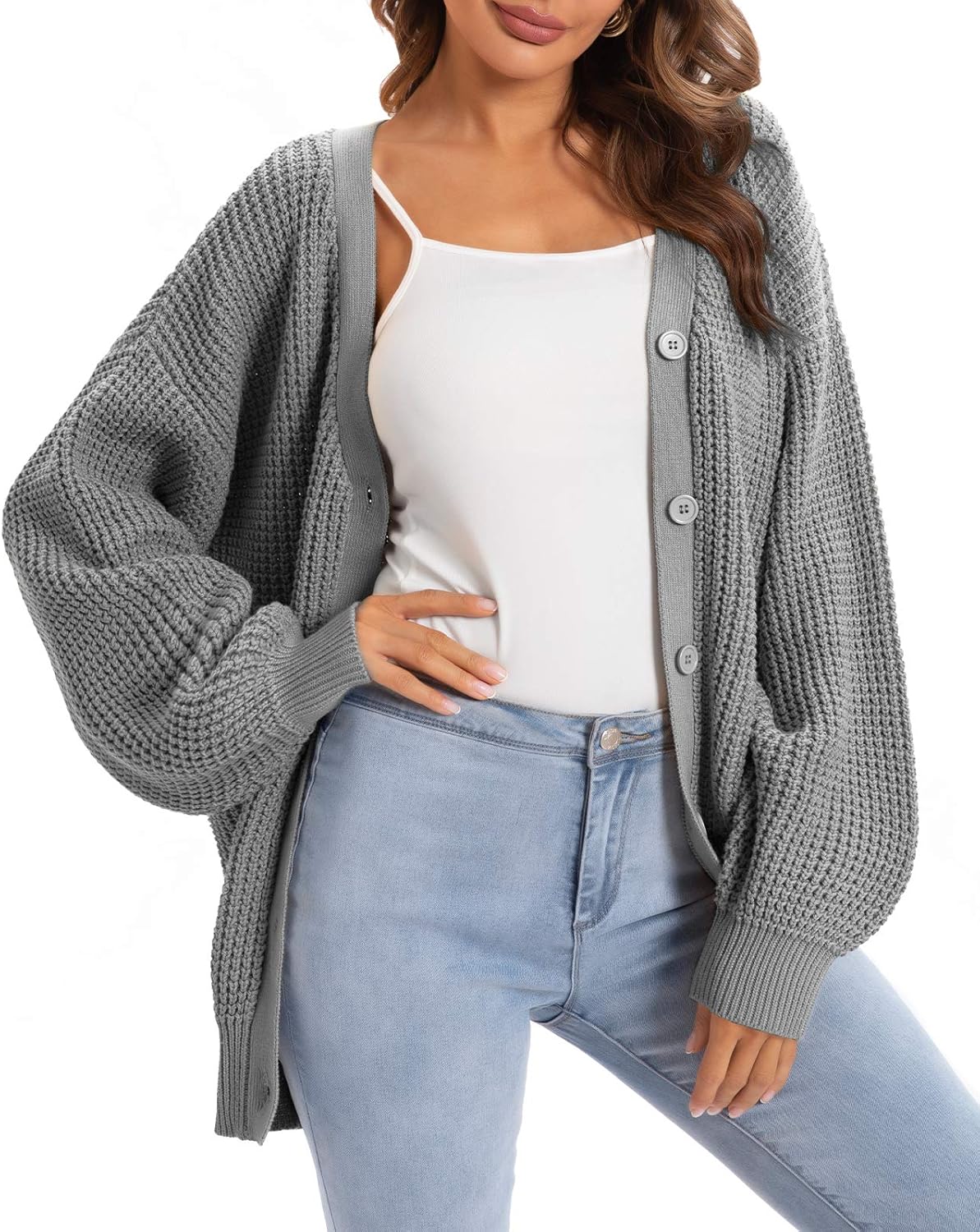 QUALFORT Cardigan Sweaters for Women - 100% Cotton Oversized Knit
