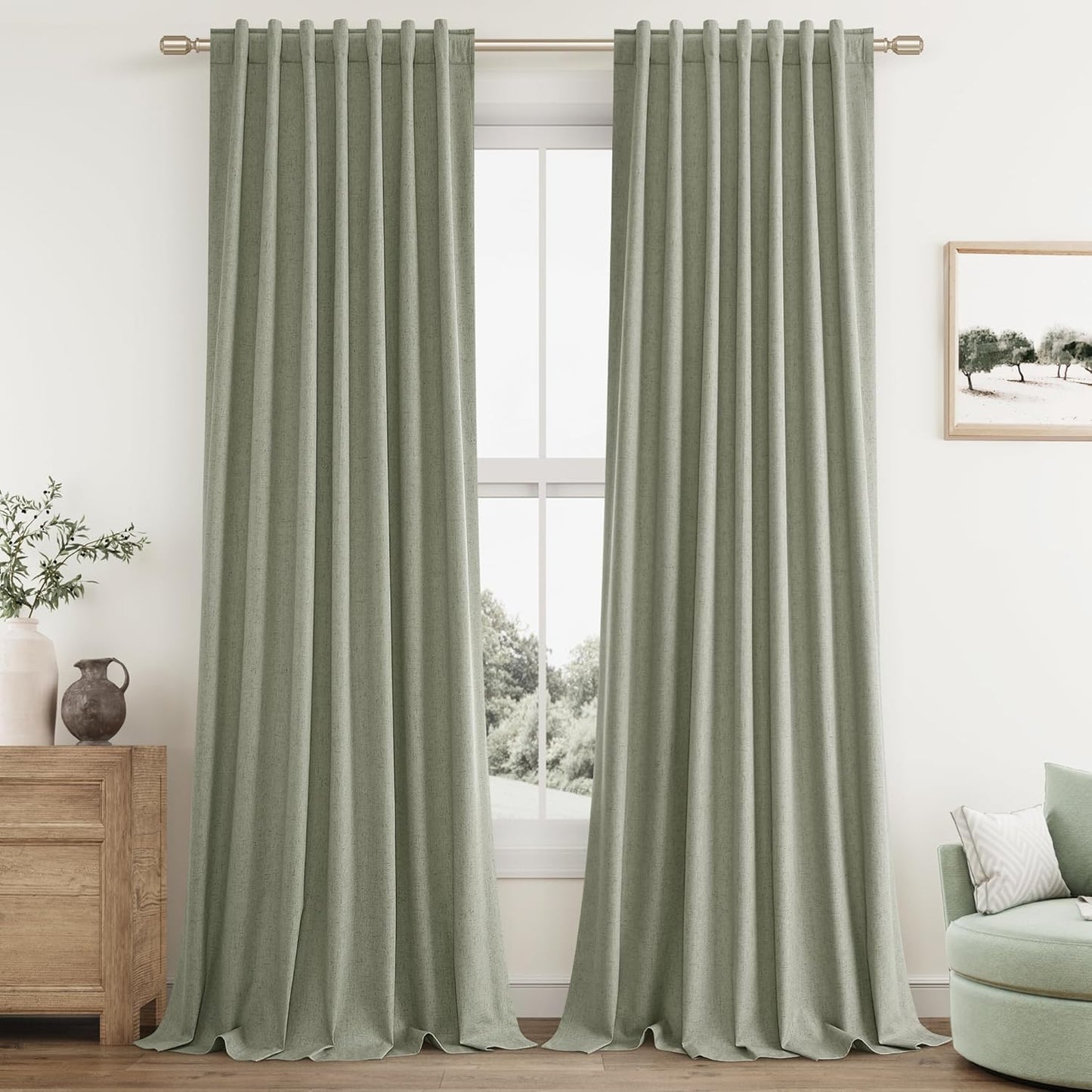 Sage Green Linen Blackout Curtains for Living Room 84 Inch