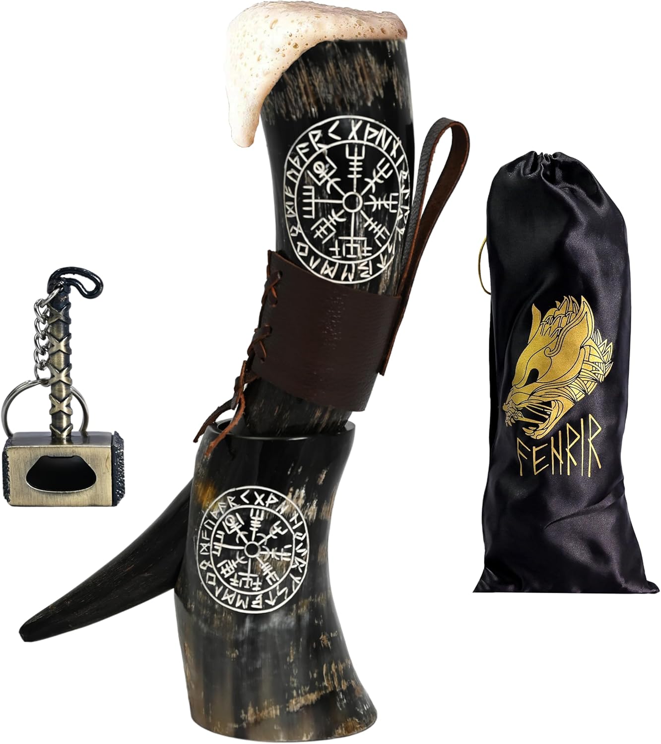 FENRIR Viking Drinking Horn Set with Stand for Beer and Mead