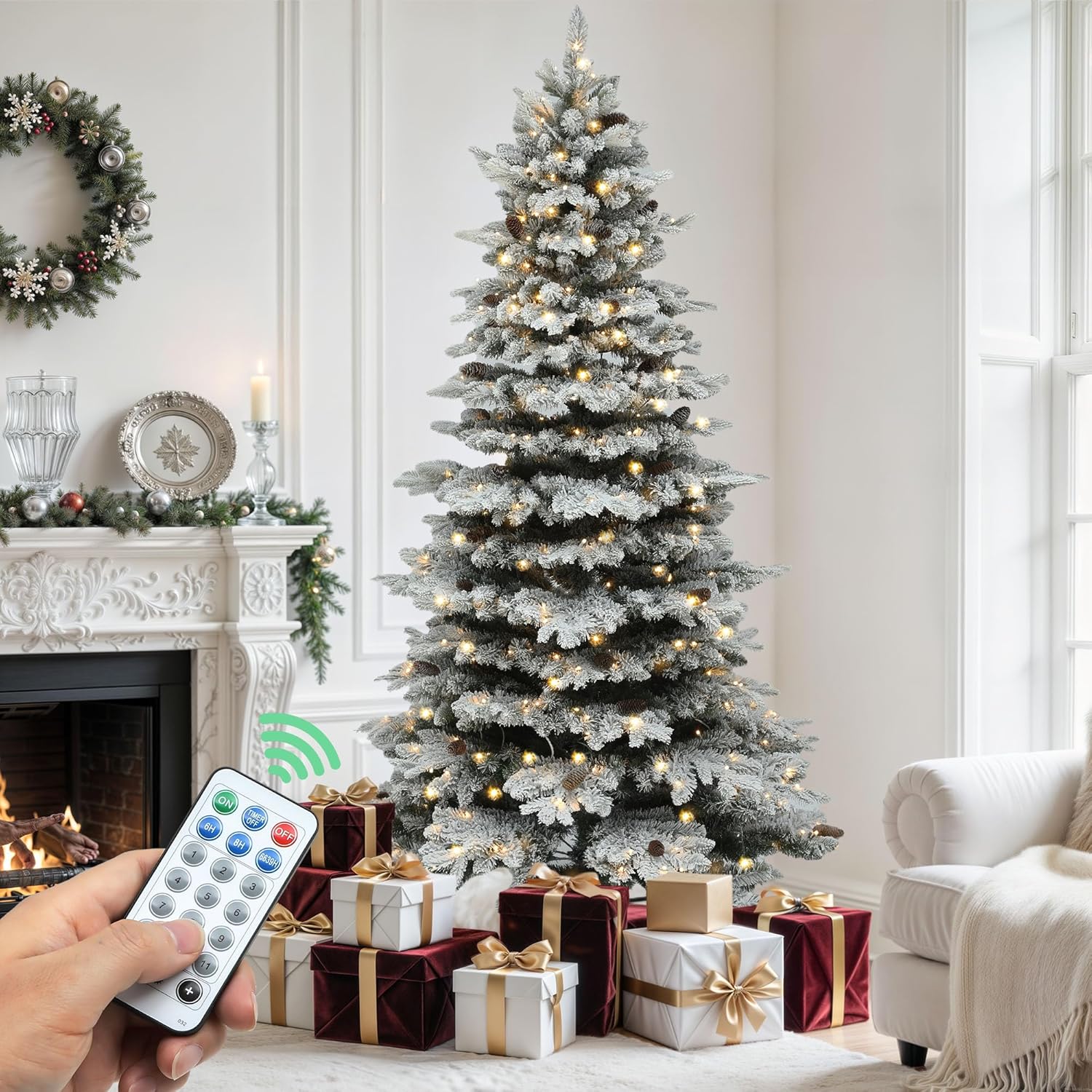 YITAHOME 9FT Pre-Lit Mountain Pine Flocked Christmas Tree