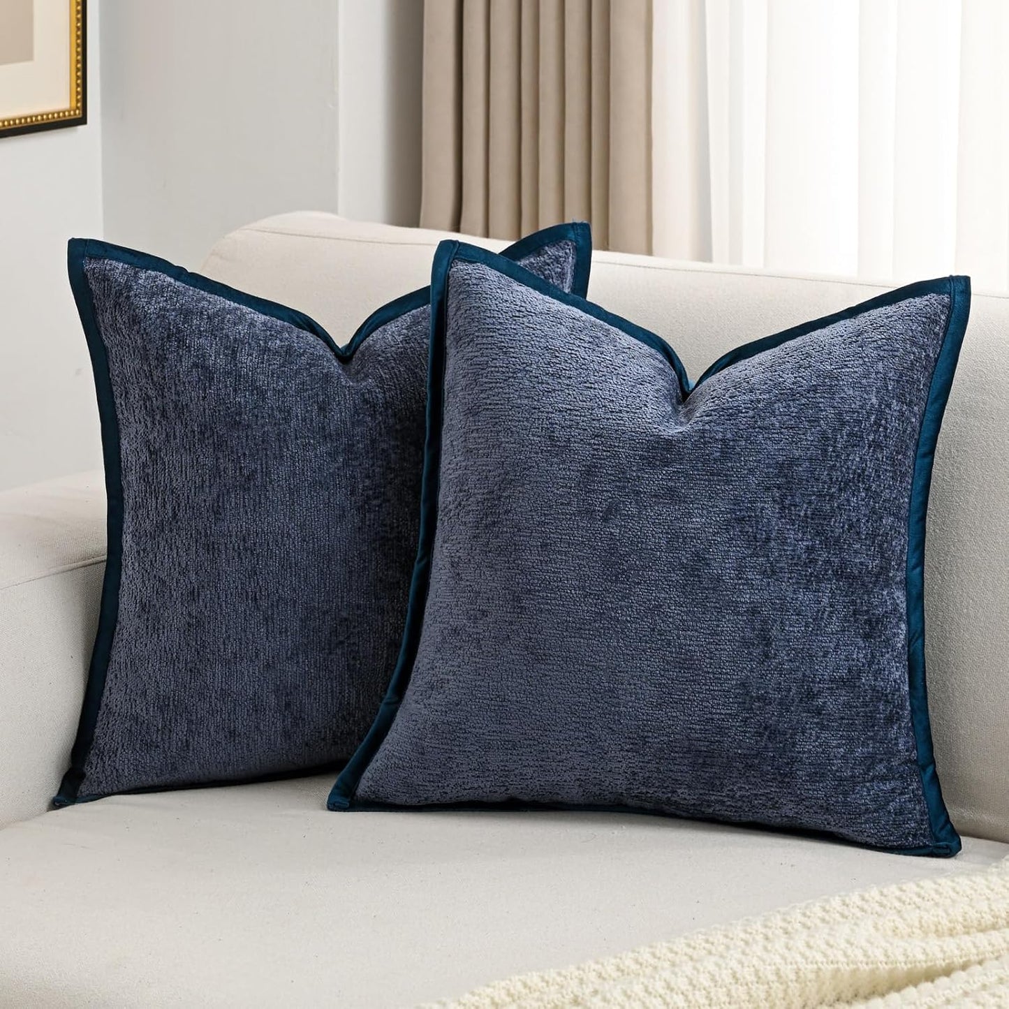 Navy Blue Chenille Throw Pillow Covers Set of 2 for Home Decor