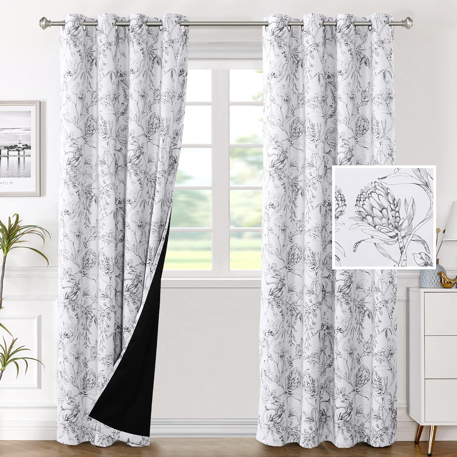 100% Blackout Curtains for Living Room with Floral Design