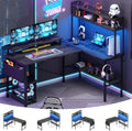 L Shaped Gaming Desk with Power Outlets & LED Lights for Home