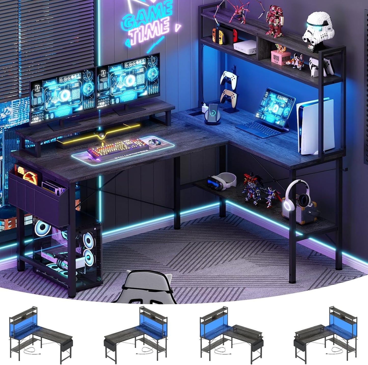 L Shaped Gaming Desk with Power Outlets & LED Lights for Home