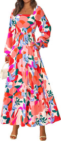 Women Floral Maxi Dress Viscose Square Neck Long Sleeve - Flowy Fall