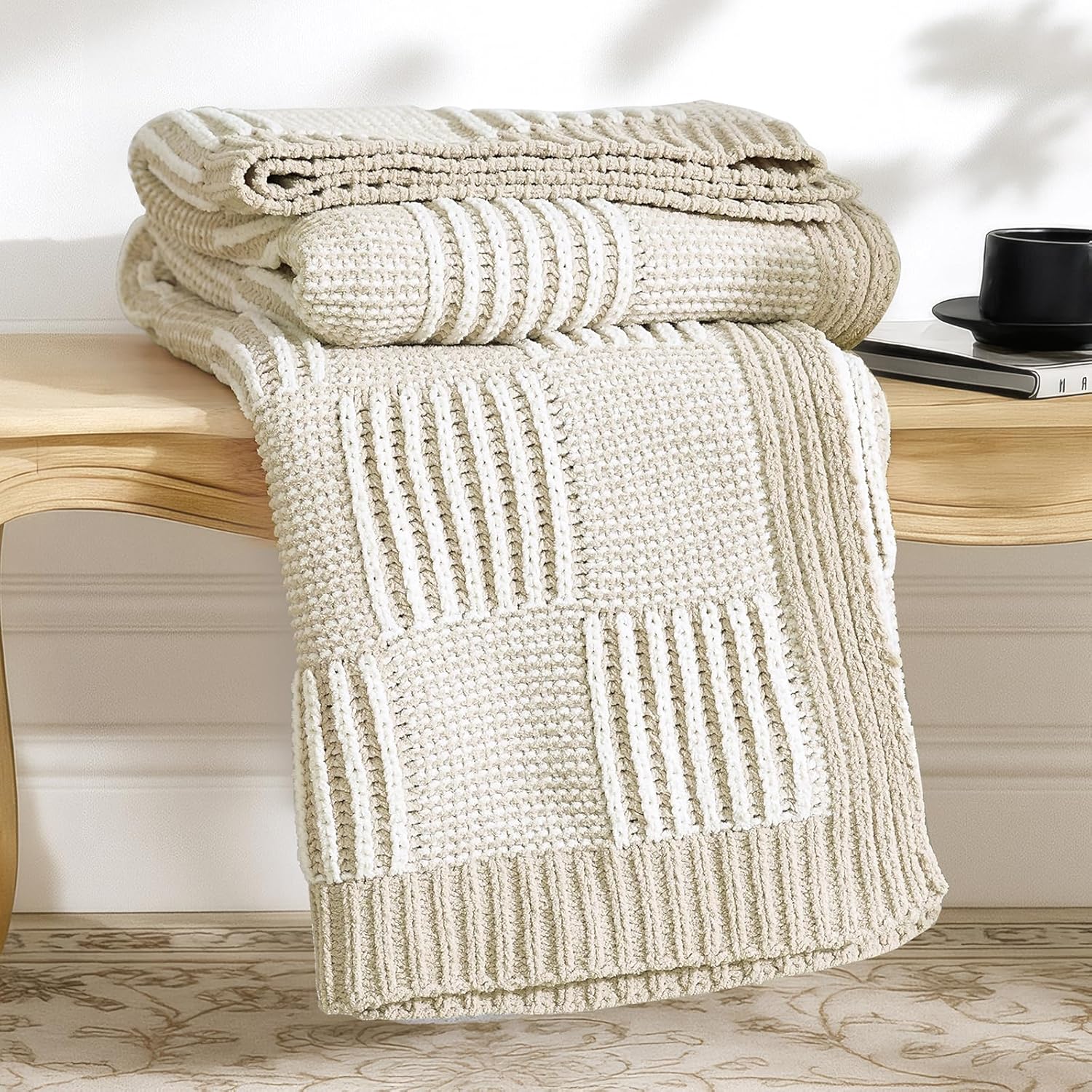 Checkered Knit Throw Blanket for Couch, Soft Chenille Texture