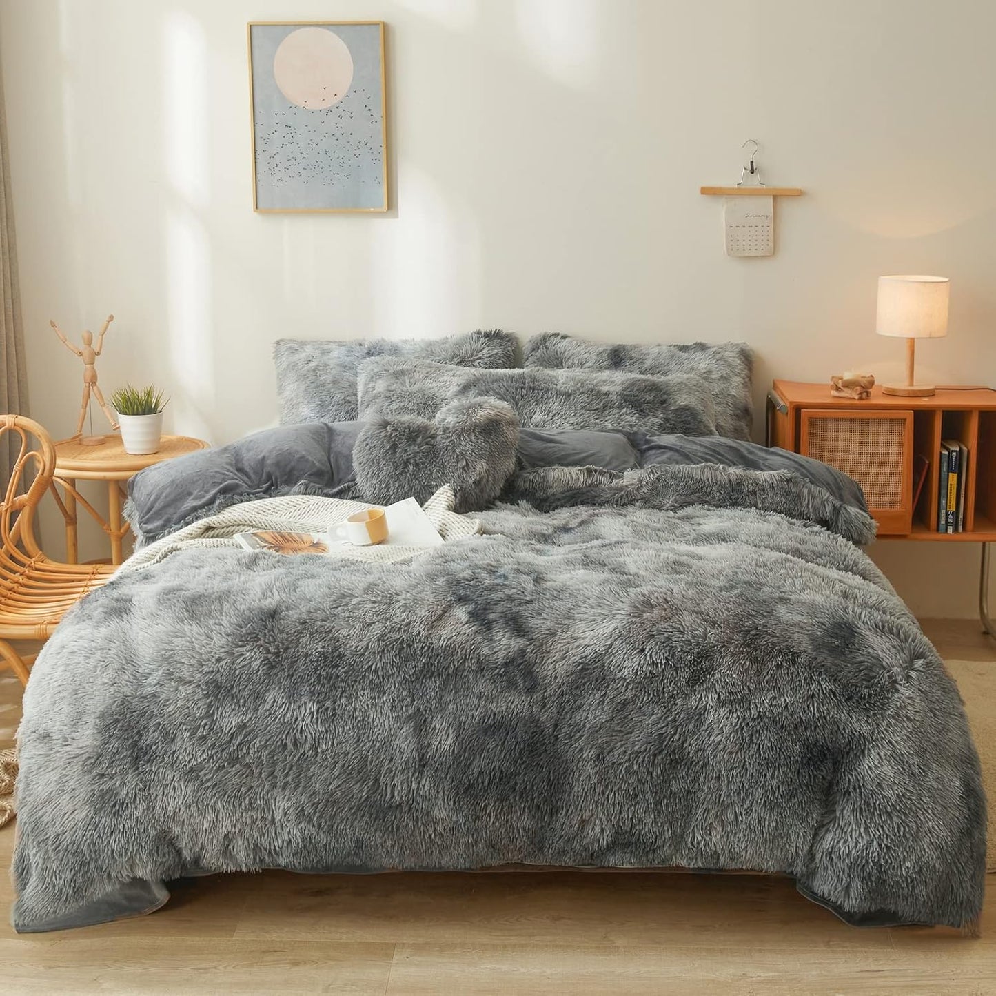Tie Dye Dark Gray Plush Fluffy Comforter Cover Set King Size
