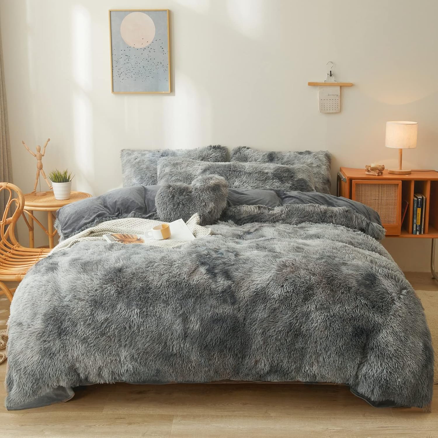 Tie Dye Dark Gray Plush Fluffy Comforter Cover Set King Size