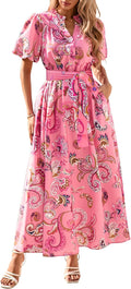 KIRUNDO Women Puff Sleeve Boho Floral Maxi Dress for Summer