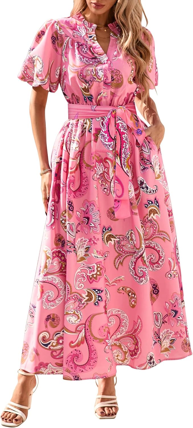KIRUNDO Women Puff Sleeve Boho Floral Maxi Dress for Summer
