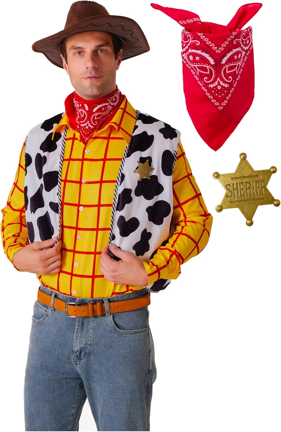 Cowboy Costume for Men with Plaid Shirt and Vest Set