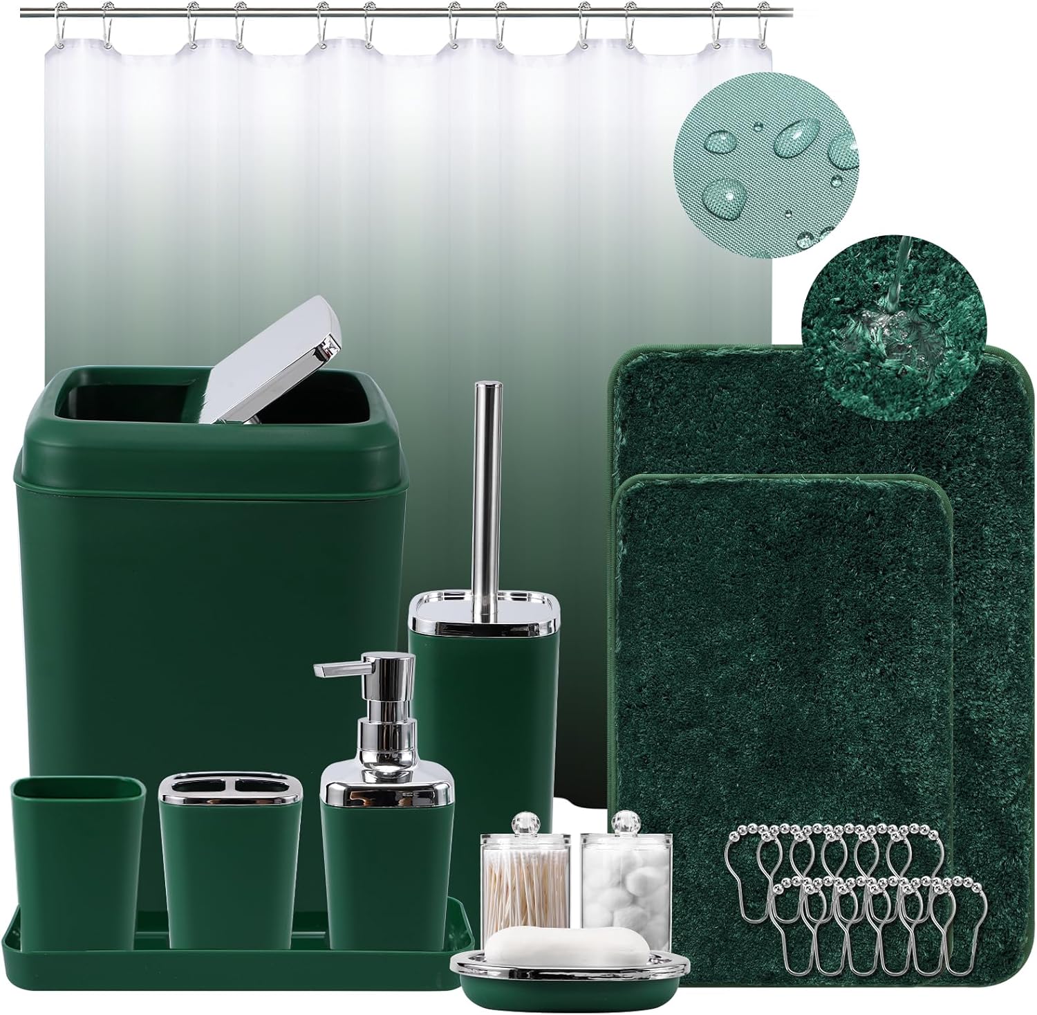 Dark Green Bathroom Accessories Set with Shower Curtain and Rugs