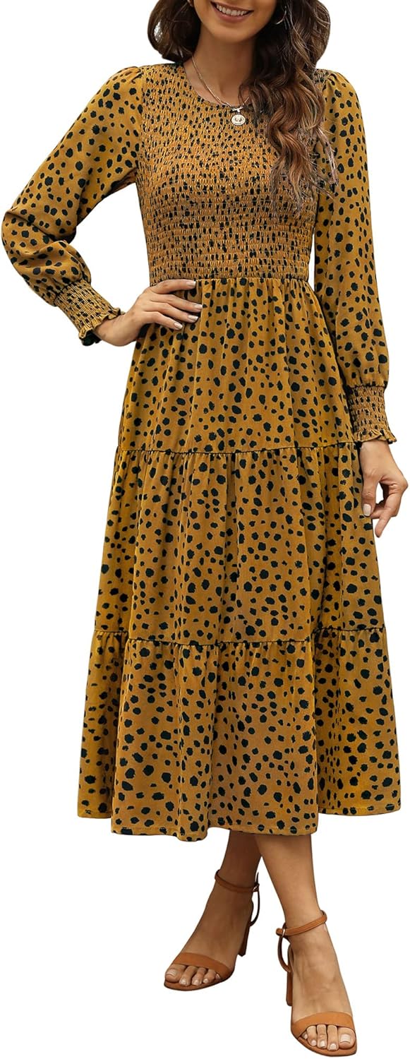 Zattcas Womens Fall Dresses Long Sleeve Smocked Midi Dress