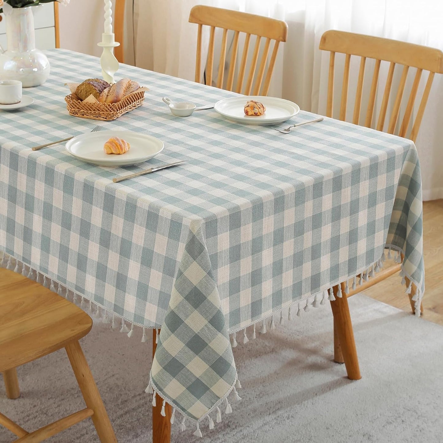 Gingham Tablecloth Rectangle Cotton Linen Fabric with Tassel
